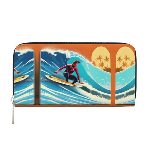 Hawaiianischer Surfer auf gewelltem Druck, geräumige, trendige Leder-Handbrieftasche, Damen-Geldbörse, Clutch für Freizeit und Reisen, Schwarz, Einheitsgröße, Kunst Hawaiianischer Surfer auf gewelltem Druck, geräumige, trendige Leder-Handbrieftasche, Damen-Geldbörse, Clutch für Freizeit und Reisen, Schwarz, Einheitsgröße, Kunst von SKKNT