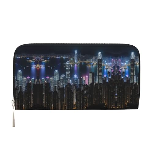SKKNT Aerial Night of View Hong Kong Print Geräumige trendige Leder-Handbrieftasche Damen Geldbörse Clutch für Freizeit und Reisen, Schwarz, Einheitsgröße, Kunst von SKKNT