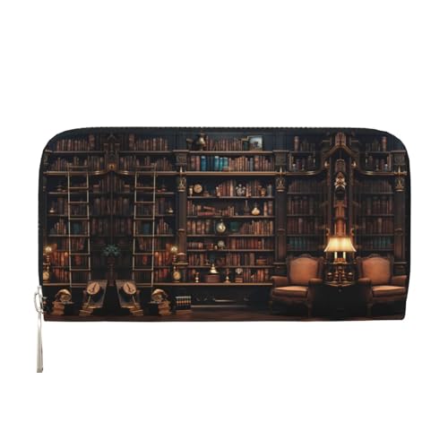 SKKNT Bibliotheks-Bücherregal-Druck, geräumige, trendige Leder-Handbrieftasche, Damen-Geldbörse, Clutch für Freizeit und Reisen, Schwarz, Einheitsgröße, Kunst von SKKNT