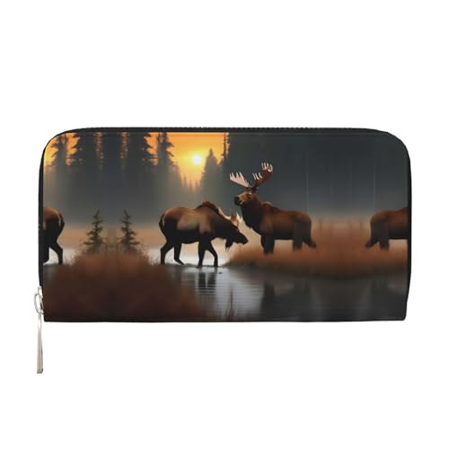SKKNT Damen-Geldbörse mit Hirschbär-Elch-Aufdruck, geräumig, trendig, Leder, für Freizeit und Reisen, Schwarz, Einheitsgröße, Kunst von SKKNT