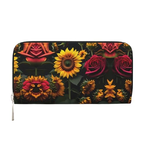 SKKNT Damen-Geldbörse mit Sonnenblumen-Rosen-Aufdruck, geräumig, trendig, Leder, für Freizeit und Reisen, Schwarz, Einheitsgröße, Kunst von SKKNT