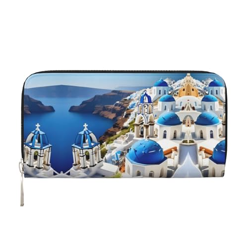 SKKNT Damen-Geldbörse mit griechischem Insel- und Meerblick-Druck, geräumig, trendig, Leder, für Freizeit und Reisen, Schwarz, Einheitsgröße, Kunst von SKKNT