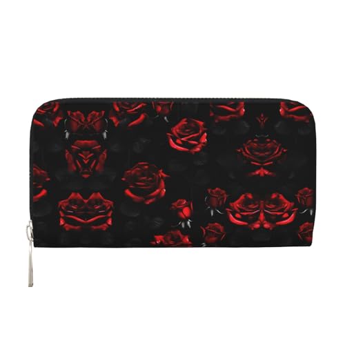 SKKNT Damen-Geldbörse mit roten und schwarzen Rosen, geräumig, trendig, Leder, für Freizeit und Reisen, Schwarz, Einheitsgröße, Kunst von SKKNT
