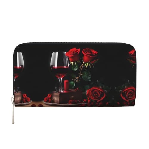 SKKNT Rote Rose und Weinrot, romantischer Deko-Druck, geräumig, trendig, Leder-Handbrieftasche, Clutch, für Freizeit und Reisen, Schwarz, Einheitsgröße, Kunst von SKKNT