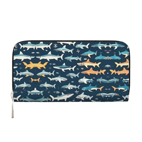 SKKNT Sharks Damen-Geldbörse mit nautischem Druck, geräumig, trendig, Leder, für Freizeit und Reisen, Schwarz, Einheitsgröße, Kunst von SKKNT