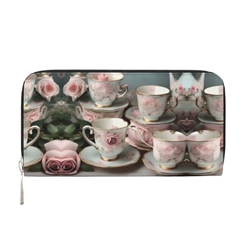 SKKNT Teetassen mit Rosen, romantischer Druck, geräumig, trendig, Leder, Handgeldbörse, Clutch, für Freizeit und Reisen, Schwarz, Einheitsgröße, Kunst von SKKNT