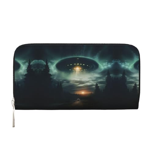 SKKNT UFO in der Nacht Druck geräumig trendige Leder Handgeldbörse Frauen Brieftasche Kupplung für den täglichen Gebrauch und Reisen, Schwarz, One Size, schwarzes, One Size, Kunst von SKKNT