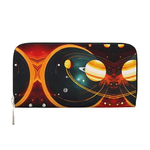 Solar System Jupiter Saturn Print Geräumige trendige Leder-Handbrieftasche Damen Geldbörse Clutch für Freizeit und Reisen, Schwarz, Einheitsgröße, Kunst von SKKNT