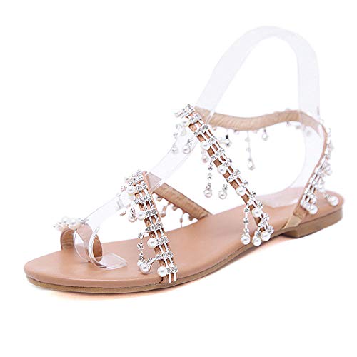 Damen flache Sandalen Sommer Strand Schuhe Böhmische Vintage Edelstein Perle Zehenring Gladiator Sandalen Römische Schuhe-braun_34 von SKLOER