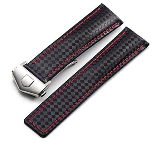 SKM 20 22 mm für TAG Heuer Uhrenarmband Kohlefaser Textur Rindsleder Unterseite Schwarz Rot Armband Herren Armband mit Faltschnalle Verschluss (Farbe: Schwarz Silber Verschluss, Gr??e: 20 mm) von SKM