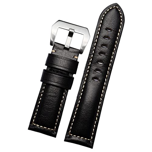 SKM 20 mm, 22 mm, 24 mm, 26 mm, echtes Leder, Retro-Herren-Uhrenarmband für Panerai PAM111 441 Rindsleder-Armband (Farbe: Retro-Schwarz-Silber, Gr??e: 24 mm) von SKM