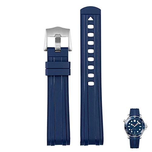 SKM Für Omega Seamaster 300 Universum 007 Curved End Fluorous Rubber Silicone watchband 20mm 22m Watch Soft strap Men Replacement (Farbe: Blau Silber, Gr??e: 20mm) von SKM