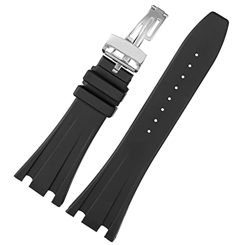 SKM Schwarzes Silikon-Gummi-Armband für Audemars für Piguet-Armbanduhr, 28 mm, AP-Band, Herren-Armband, Schmetterlings-Schnalle, Werkzeuge (Farbe: schwarze silberfarbene Schnalle, Gr??e: 28 mm) von SKM