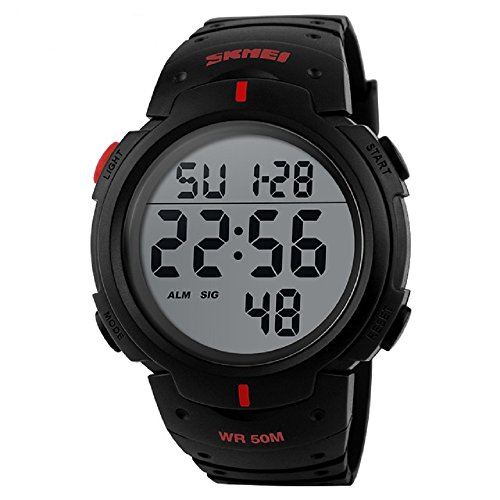 1068 Herren-Sport-Digitaluhr, 5 ATM, wasserdicht, große LED-Zahlenanzeige, Lumious Stoppuhr, Alarm, Outdoor-Armee-Uhr, rot, Digital von SKMEI