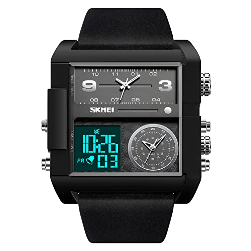 Einzigartige digitale Wathes für Herren, coole LED-Analog-Quarz-Armbanduhr, 3-Zeit-Zonen-großes Zifferblatt, Stoppuhr, quadratische Chronograph-Uhr (30 m wasserdicht, 12/24-Stunden-Kalender, Alarm), von SKMEI