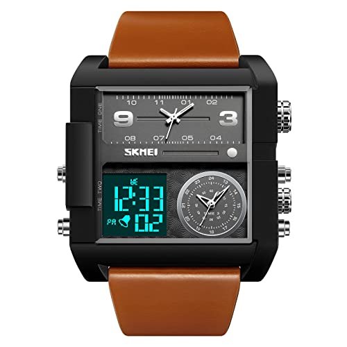SKMEI Einzigartige digitale Wathes für Herren, coole LED-Analog-Quarz-Armbanduhr, 3-Tim-Zonen-großes Zifferblatt, Stoppuhr, quadratische Chronograph-Uhr (30 m wasserdicht, 12-/24-Stunden-Kalender von SKMEI