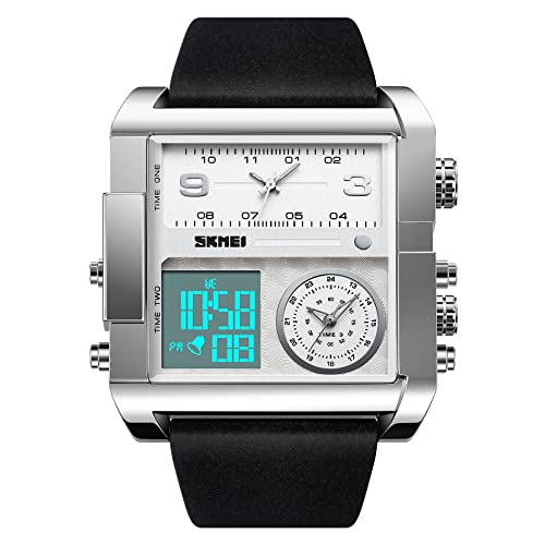 Einzigartige digitale Armbanduhr für Herren, kühle LED-Analog-Quarz-Armbanduhr, 3-Time-Zonen, großes Zifferblatt, Stoppuhr, quadratischer Chronograph (30 m wasserdicht, 12/24-Stunden-Kalender, Alarm) von SKMEI