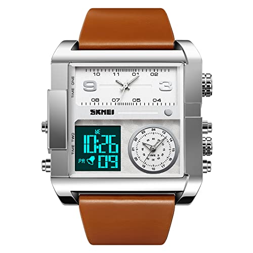 Einzigartige digitale Armbanduhr für Herren, kühle LED-Analog-Quarz-Armbanduhr, 3-Time-Zonen, großes Zifferblatt, Stoppuhr, quadratischer Chronograph (30 m wasserdicht, 12/24-Stunden-Kalender, Alarm), von SKMEI