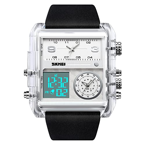 Einzigartige digitale Wathes für Herren, coole LED-Analog-Quarz-Armbanduhr, 3-Zeit-Zonen-großes Zifferblatt, Stoppuhr, quadratische Chronograph-Uhr (30 m wasserdicht, 12/24-Stunden-Kalender, Alarm), von SKMEI