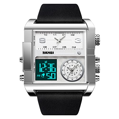 Einzigartige digitale Armbanduhr für Herren, kühle LED-Analog-Quarz-Armbanduhr, 3-Time-Zonen, großes Zifferblatt, Stoppuhr, quadratischer Chronograph (30 m wasserdicht, 12/24-Stunden-Kalender, Alarm), von SKMEI