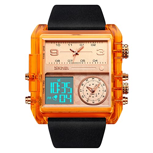 SKMEI Einzigartige digitale Wathes für Herren, coole LED-Analog-Quarz-Armbanduhr, 3-Tim-Zonen-großes Zifferblatt, Stoppuhr, quadratische Chronograph-Uhr (30 m wasserdicht, 12-/24-Stunden-Kalender von SKMEI