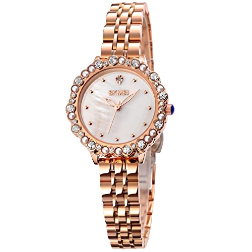 Frauen Waches Diamant Rose Gold Edelstahl Luxus Mode Analog Quarz Wasserdicht Kleid Casual Einfache Frau Mädchen Geschenke Damen Weibliche Weiß Armbanduhr SKMEI, Roségoldband weißes Zifferblatt, von SKMEI