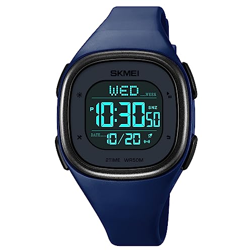 Herren-Digitaluhr, wasserdichte Armbanduhr für Damen, Sportuhr mit Stoppuhr, Countdown, Dualzeit, quadratische Digitaluhren für Unisex, dunkelblau von SKMEI