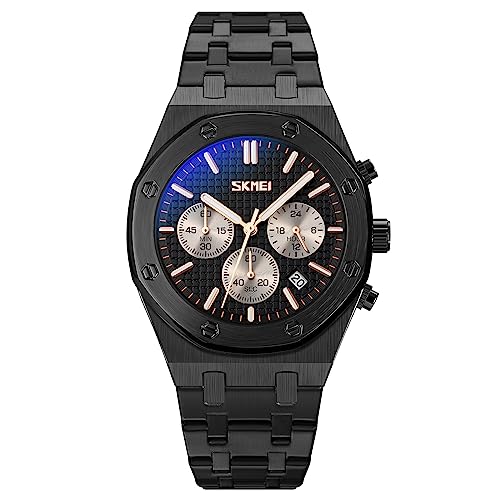 Herren Edelstahl Chronograph Kleid Uhr Stahlband Herrenuhren Wasserdicht Sport Militär Uhren Klassische Luxus Business Kleid Uhren für Männer mit Datum, Schwarz-Schwarz, Classic von SKMEI