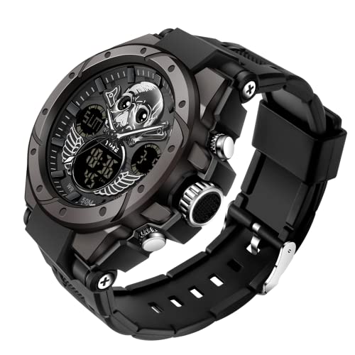 findtime Herren Uhren Digital Militär Sport Outdoor Totenkopf-Motiv Schädel Wasserdicht Timer Chronograph Countdown Tactical Watch Analog Armbanduhr Männer Jungen LED Kalender 12/24H Stoppuhr Wecker von findtime