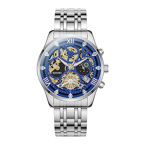 Herrenuhren, verbessertes Getriebe-Design, Herren-Skelett-Uhr, Chronograph, Luxus-Diamantkleid, Business-Analog, Quarz-Armbanduhr für Herren, 30 m, wasserdicht, leuchtende Mondphase, einzigartiges von SKMEI