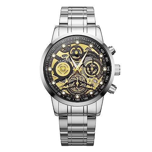 Herrenuhren, verbessertes Getriebe-Design, Herren-Skelett-Uhr, Chronograph, Luxus-Diamantkleid, Business-Analog, Quarz-Armbanduhr für Herren, 30 m, wasserdicht, leuchtende Mondphase, einzigartiges von SKMEI