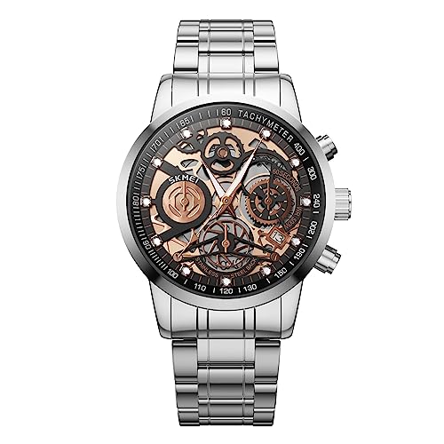 Herrenuhren, verbessertes Getriebe-Design, Herren-Skelett-Uhr, Chronograph, Luxus-Diamantkleid, Business-Analog, Quarz-Armbanduhr für Herren, 30 m, wasserdicht, leuchtende Mondphase, einzigartiges von SKMEI