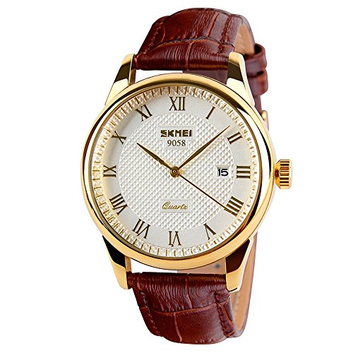 SKMEI Business Herren Quarz Armbanduhren römische Ziffern Lederband Casual Wasser Resist Analog Uhren, gold, Klassisch von SKMEI