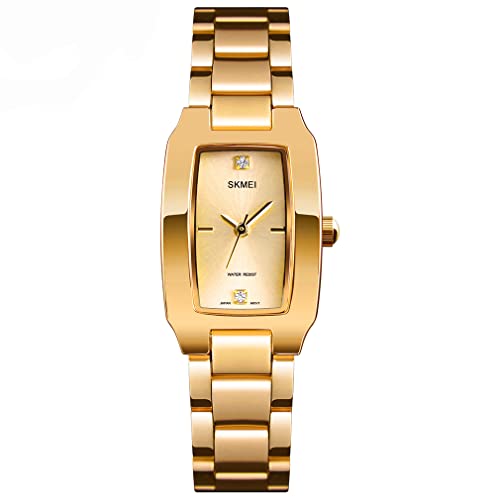 SKMEI Damen-Uhren für Damen, quadratisch, klein, schmal, leicht, Lederband, wasserdicht, modisch, lässig, einfach, Quarz, analog, junge Mädchen, Geschenke, Armbanduhr, L1400gold, Armband von SKMEI