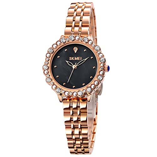 SKMEI Damenuhren Diamant Roségold Edelstahl Luxus Mode Analog Quarz Wasserdicht Kleid Casual Einfache Frau Mädchen Geschenke Damen Frauen Weiß Armbanduhr, Rotgoldenes Armband, schwarzes Zifferblatt, modisch von SKMEI