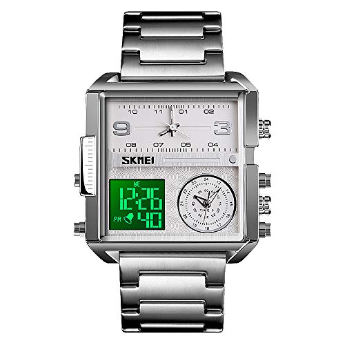 SKMEI Digitale Sportuhr für Herren, LED, quadratisch, großes Zifferblatt, analog, Quarz, Armbanduhr mit Multi-Zeitzone, wasserdichte Stoppuhr, silber-hell, 1.78*1.61*0.55 inch, Business von SKMEI