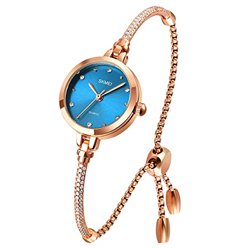 SKMEI Frauen Uhren Armband Diamant Damen Klein Roségold Mode Luxus Dünn Wasserdicht Analog Quarz Casual Mädchen Frau Geschenke Silber Armbanduhr, blue, 24 von SKMEI