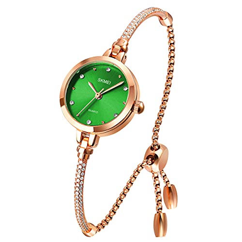 SKMEI Frauen Uhren Armband Diamant Damen Klein Roségold Mode Luxus Dünn Wasserdicht Analog Quarz Casual Mädchen Frau Geschenke Silber Armbanduhr, green, 24 von SKMEI