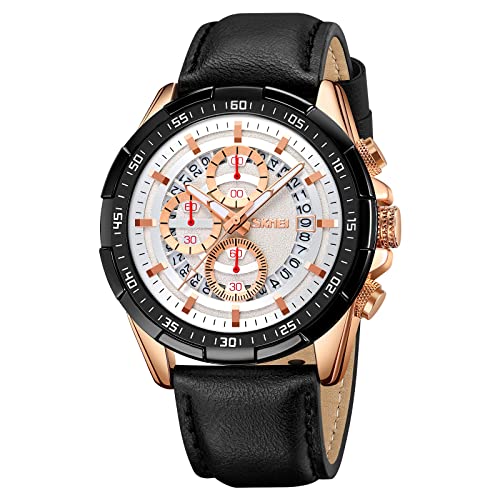 SKMEI Herren-Armbanduhr, Chronograph, analoge Quarzuhr, wasserdicht, elegant, Geschenke für Herren, Lederband, Armbanduhren für Herren, Roségold Silber, 2.01*1.89*0.58inches, Classic von SKMEI