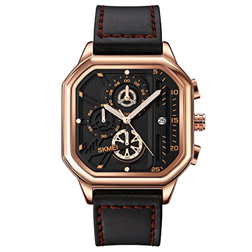 SKMEI Herren-Armbanduhr, Quarz-Uhrwerk, Chronograph, Lederarmband, wasserdicht, quadratisch, analog, Datum, modisch, Business-Uhren für Herren, Roségold, 2.09*1.65*0.47inches, Classic von SKMEI