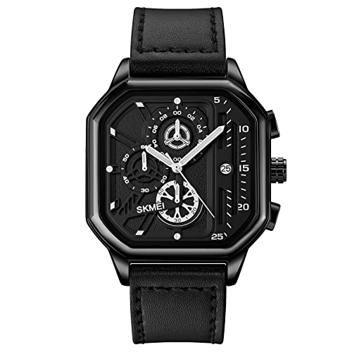 SKMEI Herren-Armbanduhr, Quarz-Uhrwerk, Chronograph, Lederarmband, wasserdicht, quadratisch, analog, Datum, modisch, Business-Uhren für Herren, Schwarz, 2.09*1.65*0.47inches, Classic von SKMEI