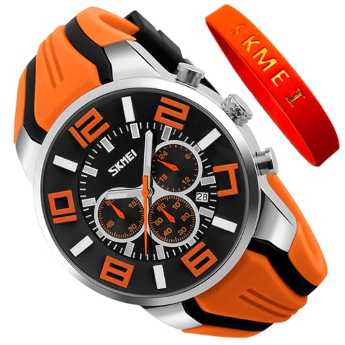 SKMEI Herren Uhren Silikon Band Junge Wasserdicht Sport Mode Lässig Großes Gesicht Chronograph Luxus Leuchtend Analog Quarz Schwarz Armbanduhr Geschenke, G9128Orange, modisch von SKMEI