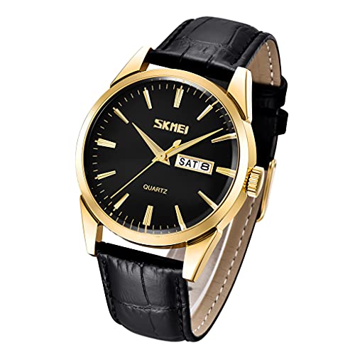 SKMEI Herren Uhren Braun Leder Klassische Tag Datum Analog Quarz Business Mode Casual Wasserdicht Männliche Armbanduhr Geschenke (Schwarz), Schwarz, Quarzuhr von SKMEI