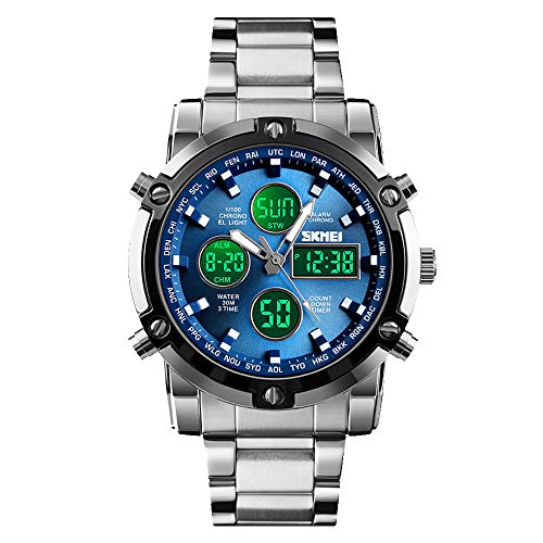 SKMEI Herren-Armbanduhr, wasserdicht, Militär, analog, digital, mit LED, Chronograph, Edelstahl, Business-Uhren für Herren, 1389-Blau, 2.28*1.89*0.63 inches, Sport von SKMEI