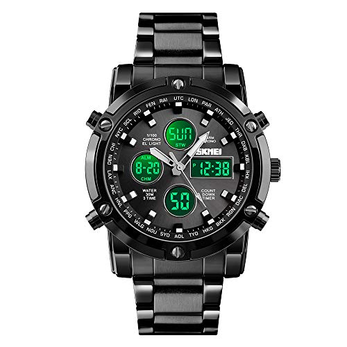 SKMEI Herren-Armbanduhr, wasserdicht, Militär, analog, digital, mit LED, Chronograph, Edelstahl, Business-Uhren für Herren, Schwarz, 2.28 * 1.89 * 0.63 inches, Klassisch von SKMEI