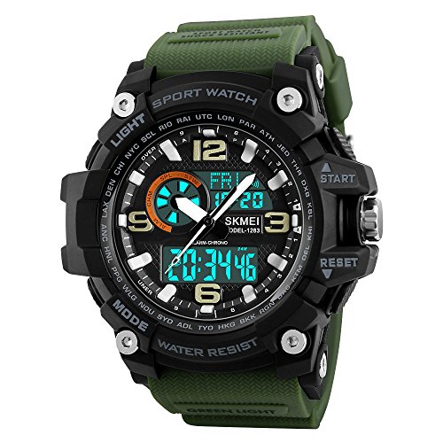 SKMEI Digitale Herren-Sportuhr, 50 m wasserdicht, Militär-Uhren, LED-Bildschirm, großes Zifferblatt, Stoppuhr, Wecker, Armbanduhr, Militär, Grün, Digital von SKMEI