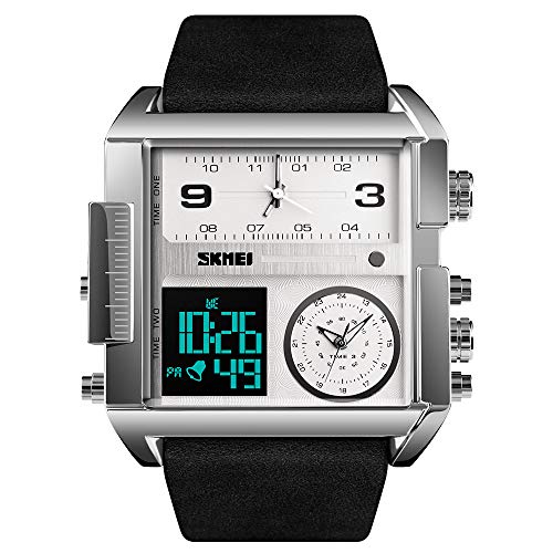 SKMEI Herren Digital Sportuhr LED Quadratisch Großes Zifferblatt Analog Quarz Armbanduhr mit Multi-Time Zone Wasserdicht Stoppuhr 2.17*2*0.59 inch silber, schwarz von SKMEI