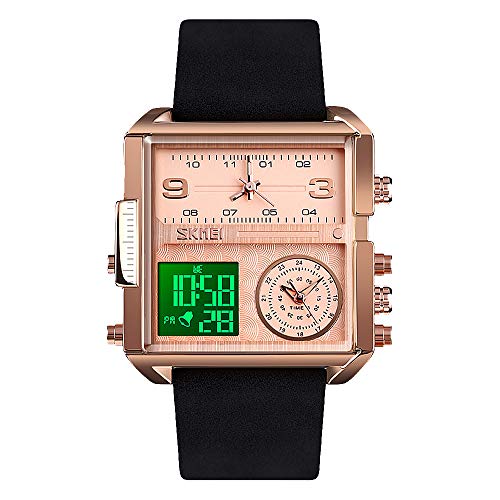 SKMEI Herren Digital Sportuhr LED Quadratisch Großes Zifferblatt Analog Quarz Armbanduhr mit Multi-Time Zone Wasserdicht Stoppuhr Business 1.78*1.61*0.55 inch Roségold Schwarzlicht von SKMEI