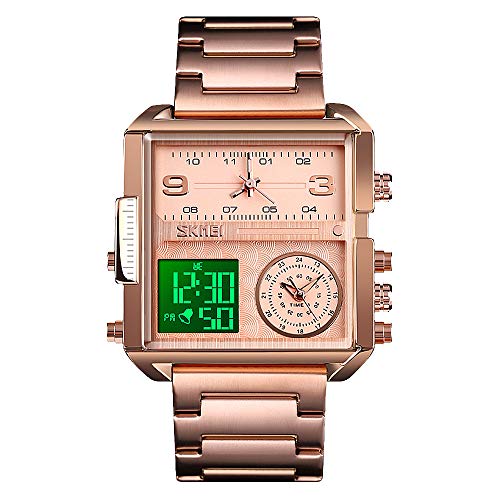 SKMEI Digitale Sportuhr für Herren, LED, quadratisch, großes Zifferblatt, analog, Quarz-Armbanduhr mit mehreren Zeitzonen, wasserdichte Stoppuhr, Roségold-Licht, 1.78*1.61*0.55 inch, Geschäft von SKMEI