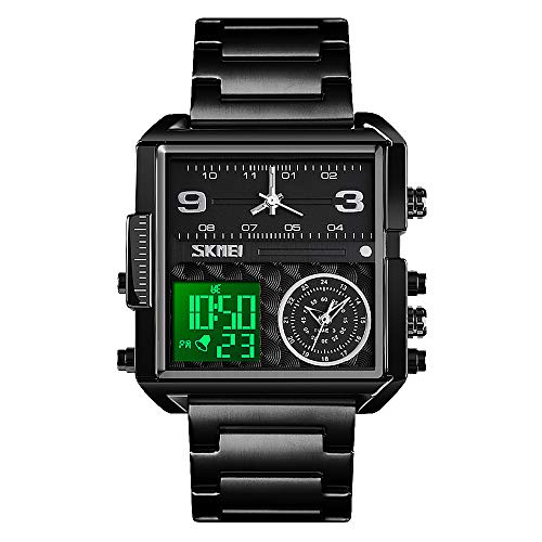 SKMEI Herren Digital Sportuhr LED Quadratisch Großes Zifferblatt Analog Quarz Armbanduhr mit Multi-Time Zone Wasserdicht Stoppuhr Business 1.78*1.61*0.55 inch Schwarz Stahl-Licht von SKMEI
